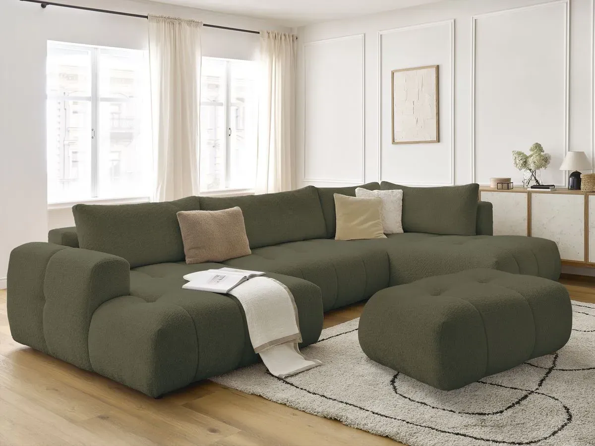Canapé panoramique convertible FUJI tissu bouclette avec pouf vert  angle gauche BOBOCHIC 5 places