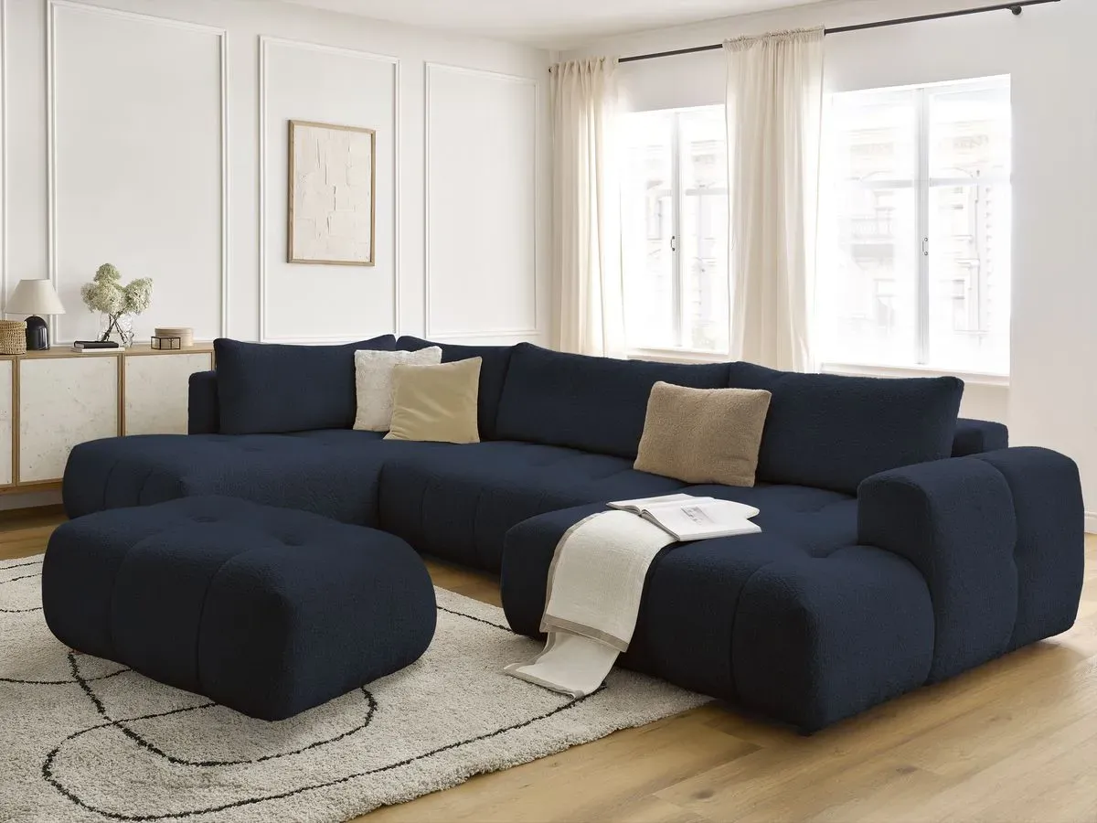 Canapé panoramique convertible FUJI tissu bouclette avec pouf bleu foncé  angle droit BOBOCHIC 5 places