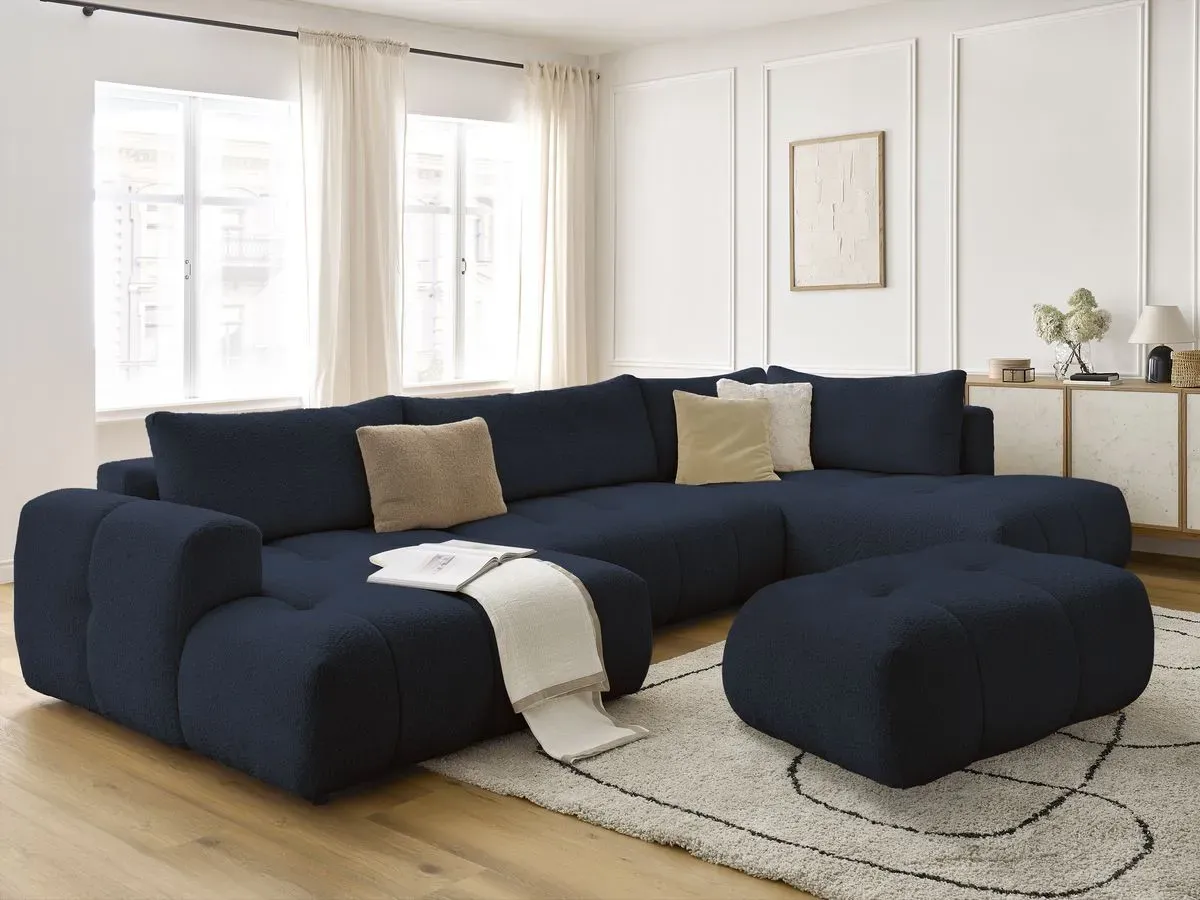 Canapé panoramique convertible FUJI tissu bouclette avec pouf bleu foncé  angle gauche BOBOCHIC 5 places