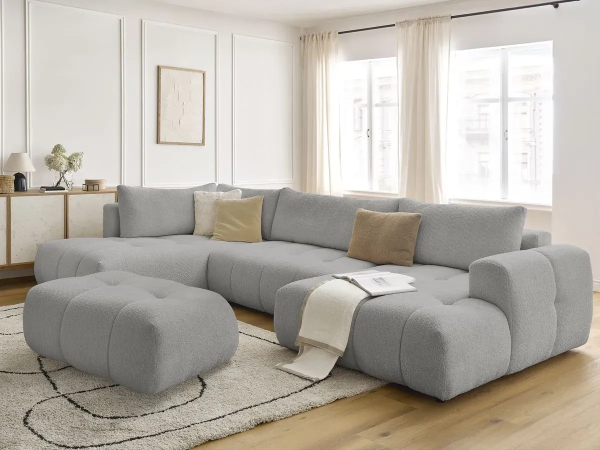 Canapé panoramique convertible FUJI tissu bouclette avec pouf gris clair  angle droit BOBOCHIC 5 places