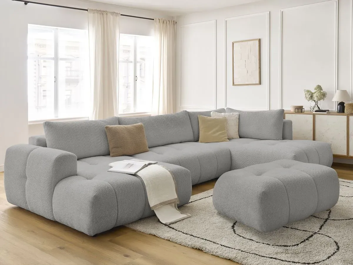 Canapé panoramique convertible FUJI tissu bouclette avec pouf gris clair  angle gauche BOBOCHIC 5 places