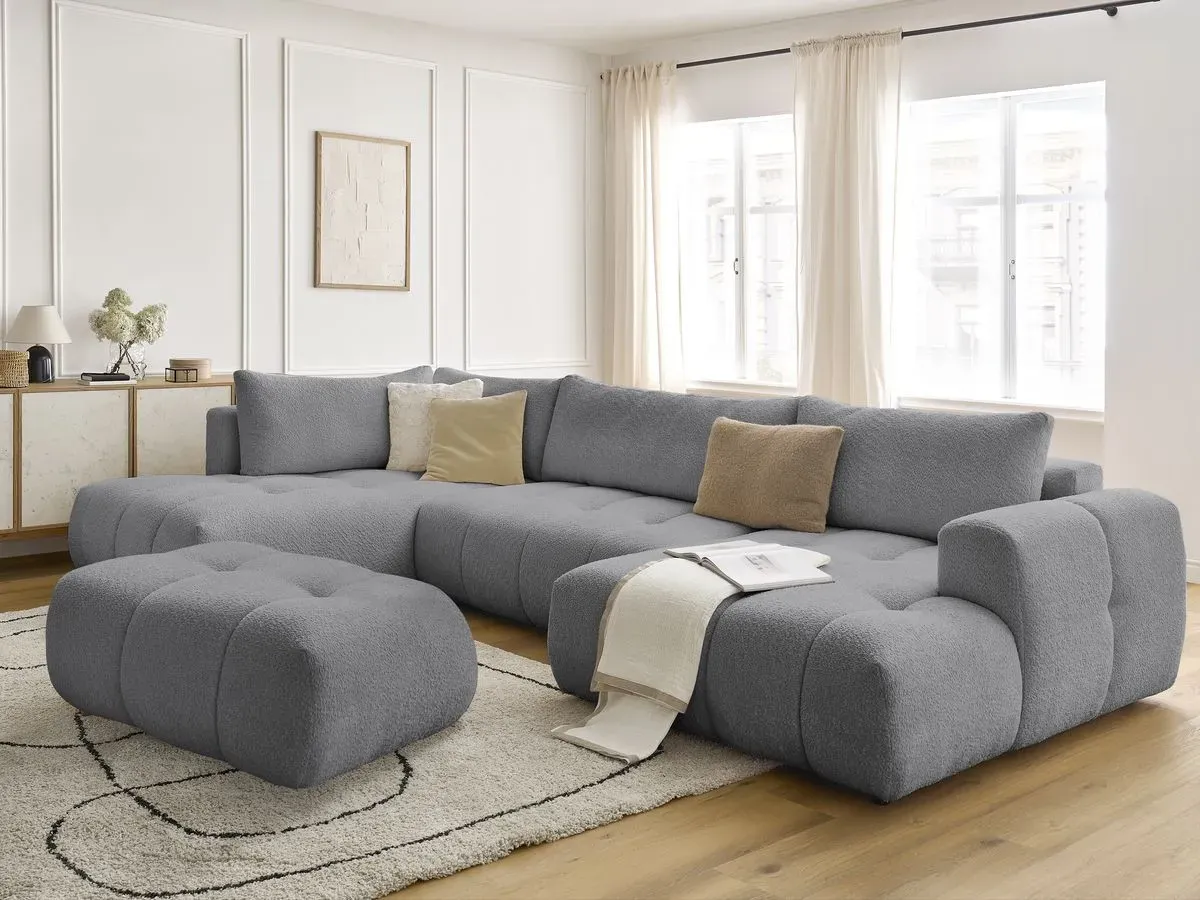 Canapé panoramique convertible FUJI tissu bouclette avec pouf gris foncé  angle droit BOBOCHIC 5 places