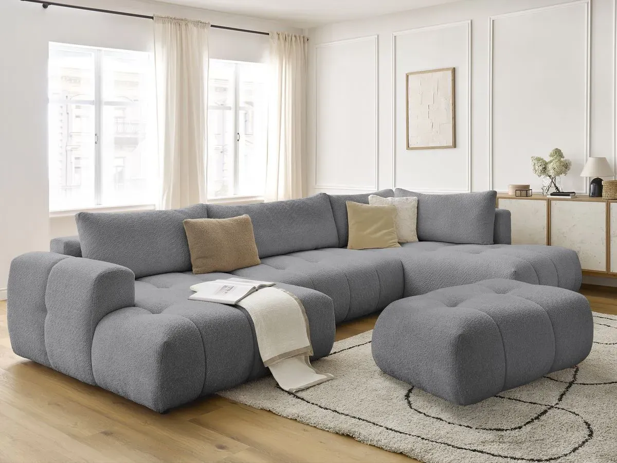 Canapé panoramique convertible FUJI tissu bouclette avec pouf gris foncé  angle gauche BOBOCHIC 5 places