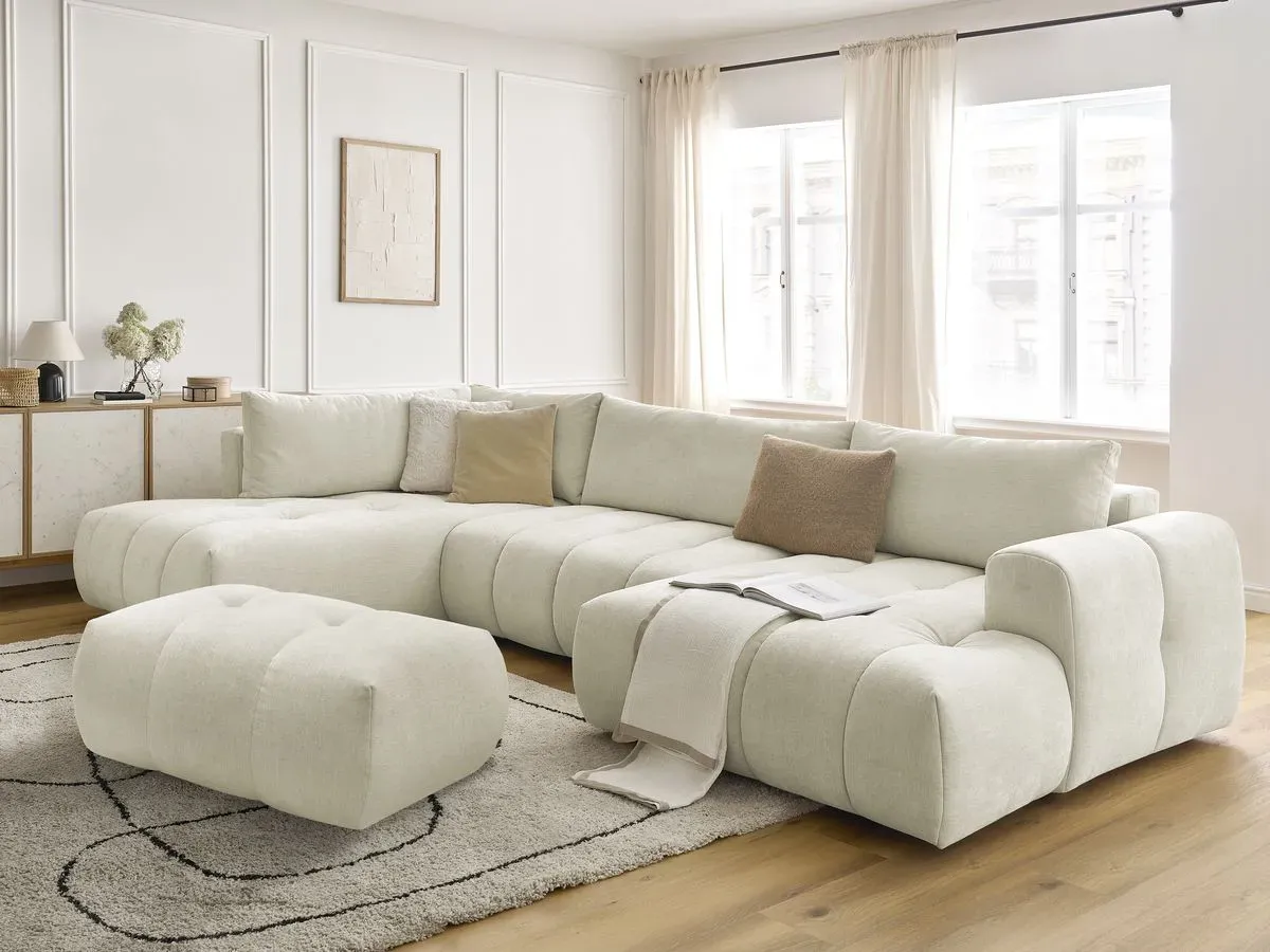 Canapé panoramique convertible FUJI tissu lisse avec pouf beige  angle droit BOBOCHIC 5 places