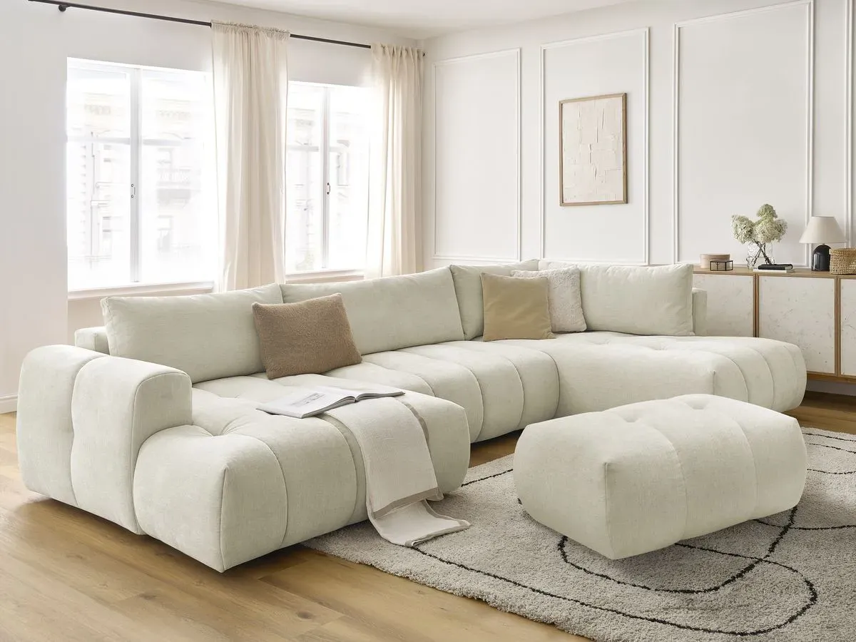 Canapé panoramique convertible FUJI tissu lisse avec pouf beige  angle gauche BOBOCHIC 5 places