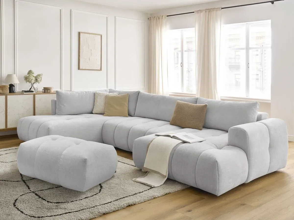 Canapé panoramique convertible FUJI tissu lisse avec pouf gris clair  angle droit BOBOCHIC 5 places
