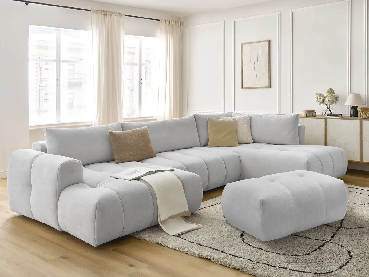 Canapé panoramique convertible FUJI tissu lisse avec pouf gris clair  angle gauche BOBOCHIC 5 places