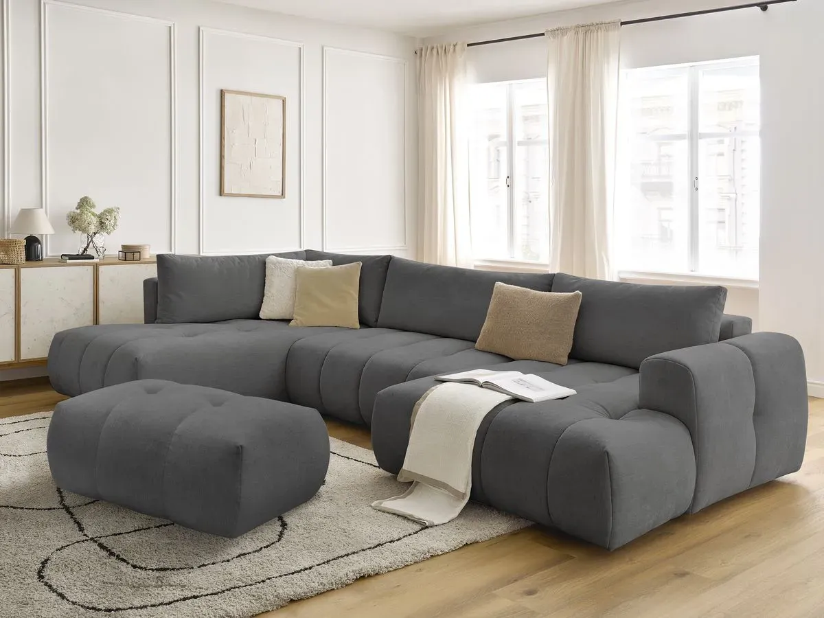 Canapé panoramique convertible FUJI tissu lisse avec pouf gris foncé  angle droit BOBOCHIC 5 places