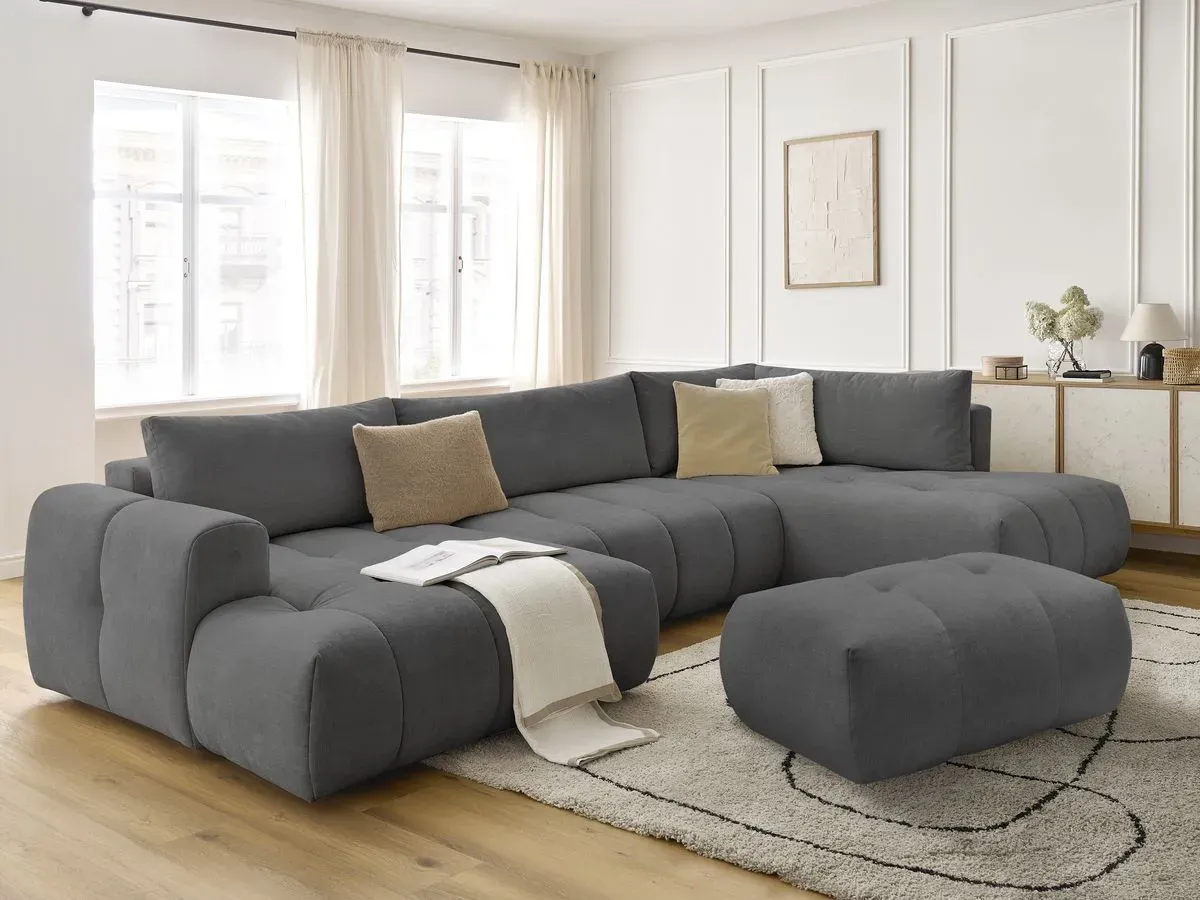 Canapé panoramique convertible FUJI tissu lisse avec pouf gris foncé  angle gauche BOBOCHIC 5 places