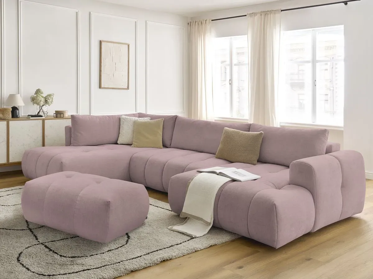 Canapé panoramique convertible FUJI tissu lisse avec pouf rose  angle droit BOBOCHIC 5 places