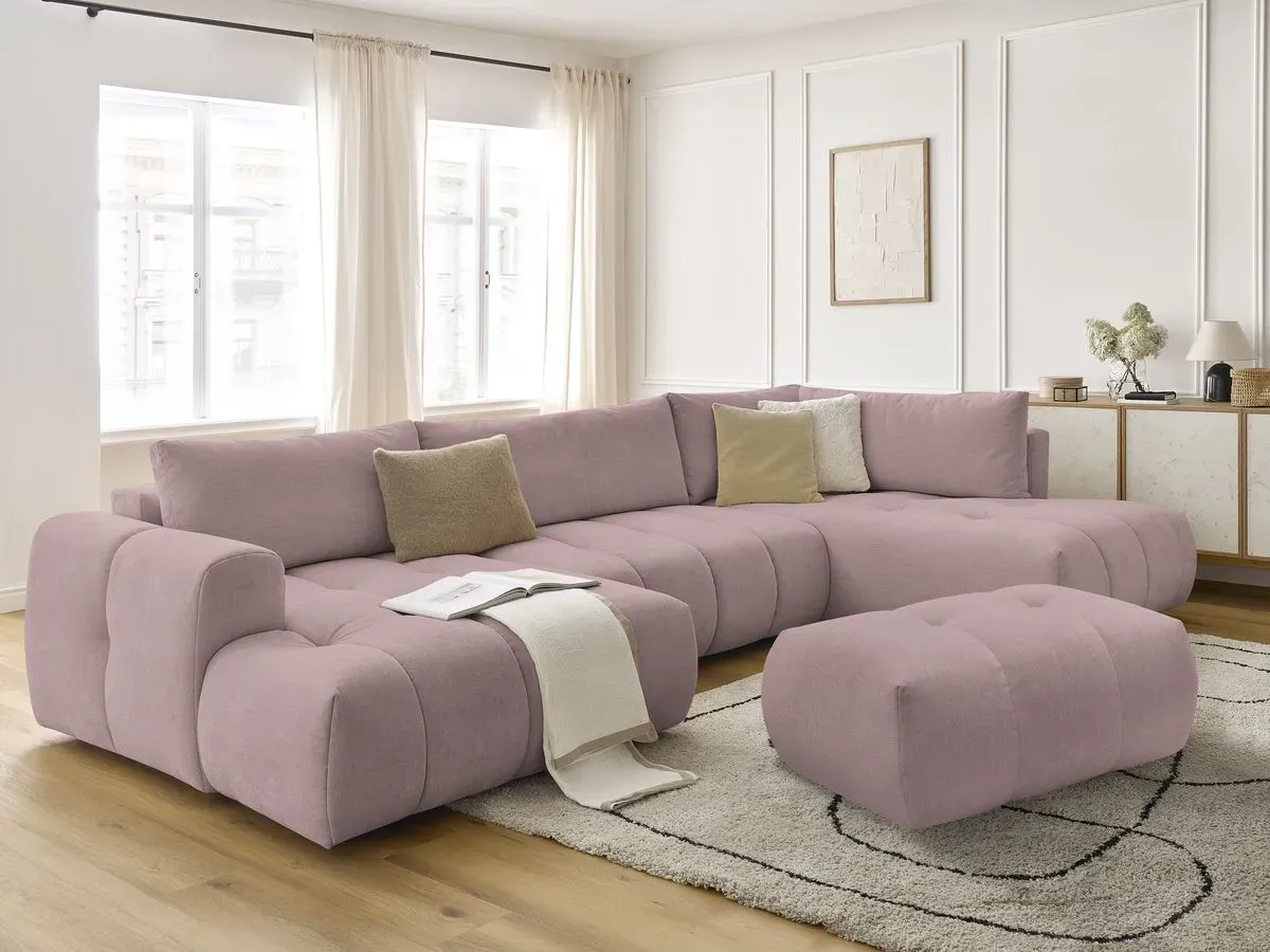 Canapé panoramique convertible FUJI tissu lisse avec pouf rose  angle gauche BOBOCHIC 5 places