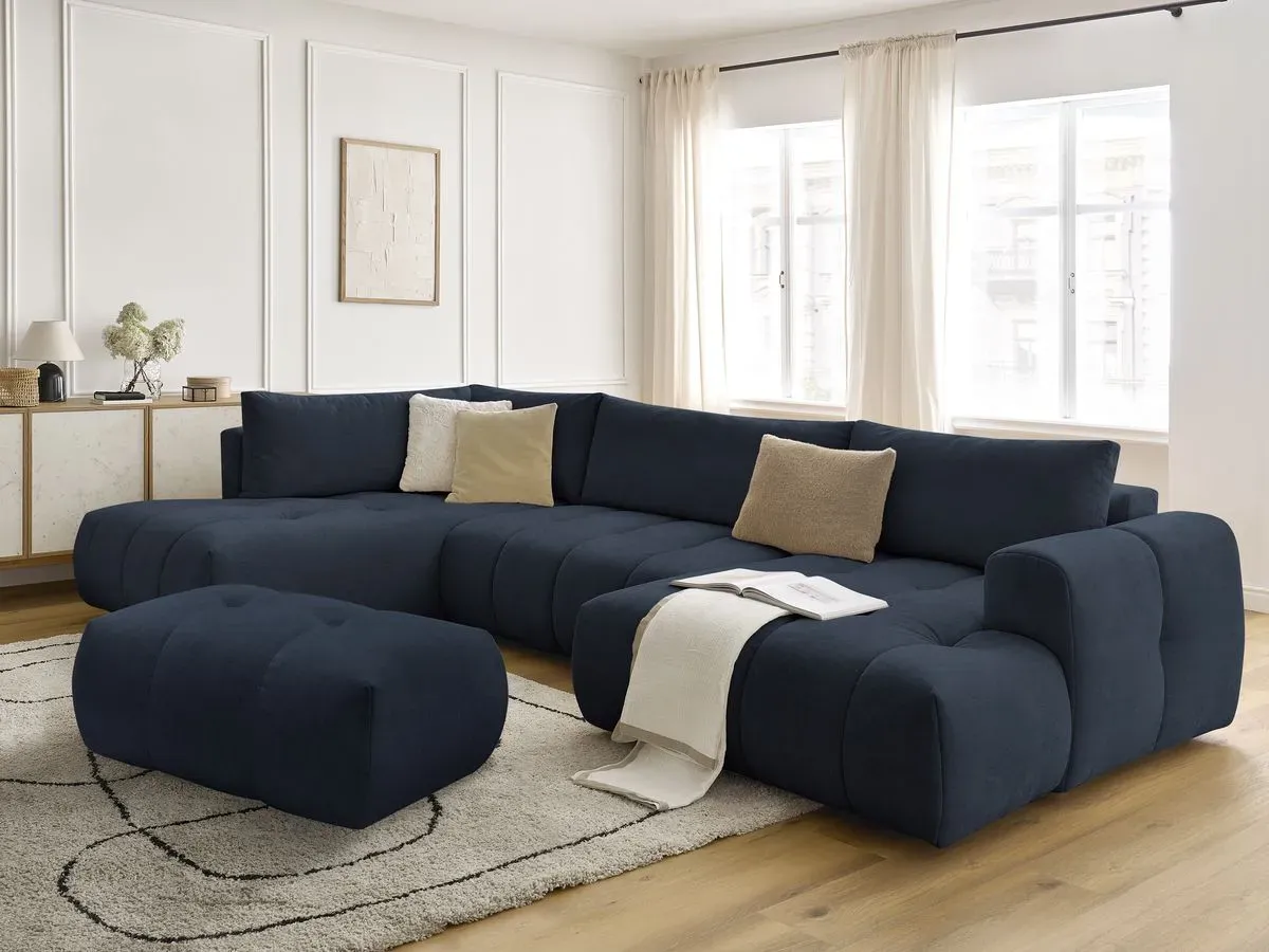 Canapé panoramique convertible FUJI tissu lisse avec pouf bleu foncé  angle droit BOBOCHIC 5 places