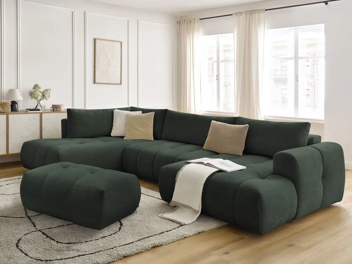 Canapé panoramique convertible FUJI tissu lisse avec pouf vert  angle droit BOBOCHIC 5 places