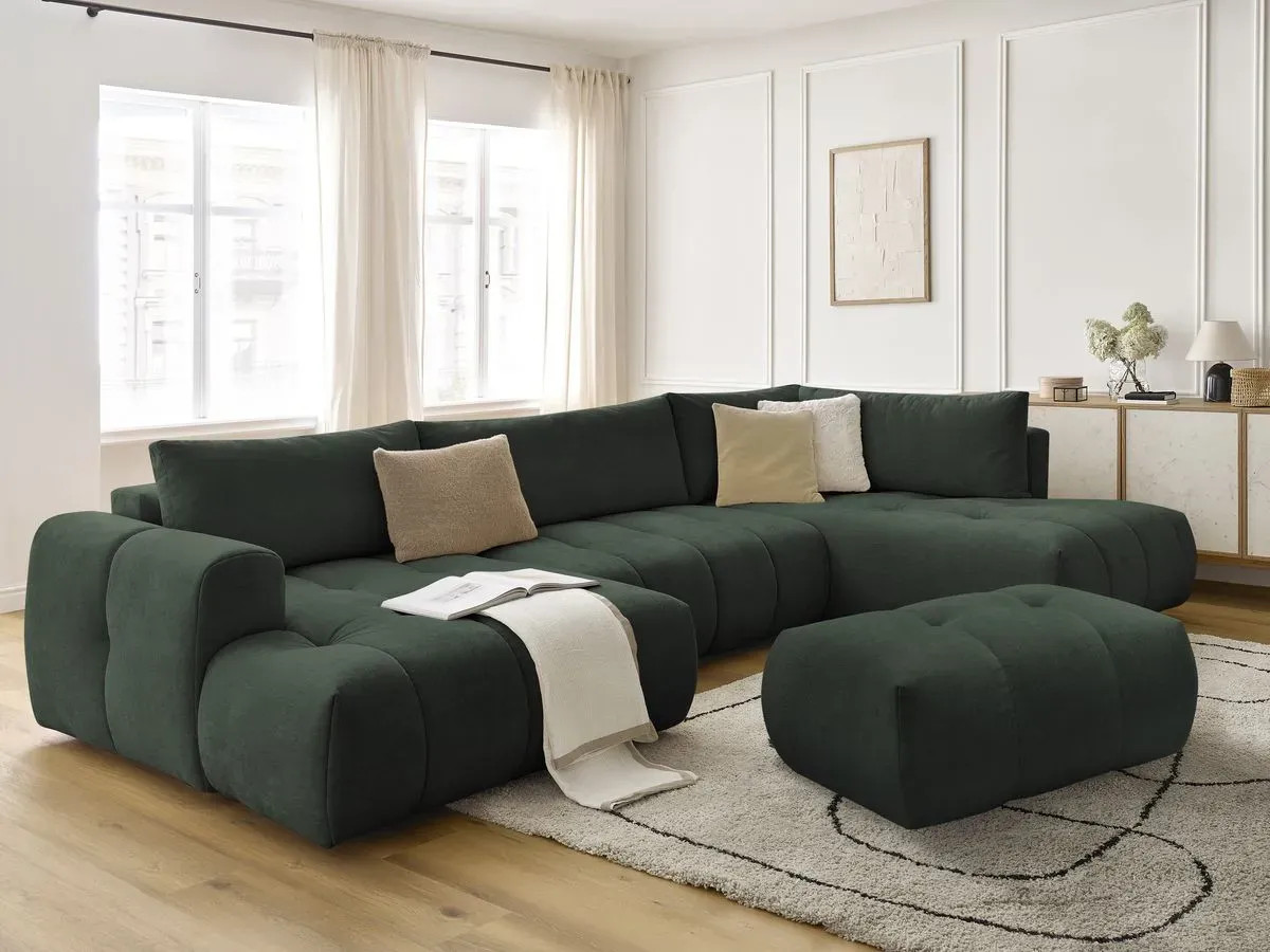 Canapé panoramique convertible FUJI tissu lisse avec pouf vert  angle gauche BOBOCHIC 5 places
