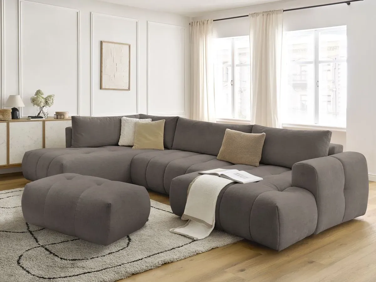 Canapé panoramique convertible FUJI tissu lisse avec pouf taupe  angle droit BOBOCHIC 5 places
