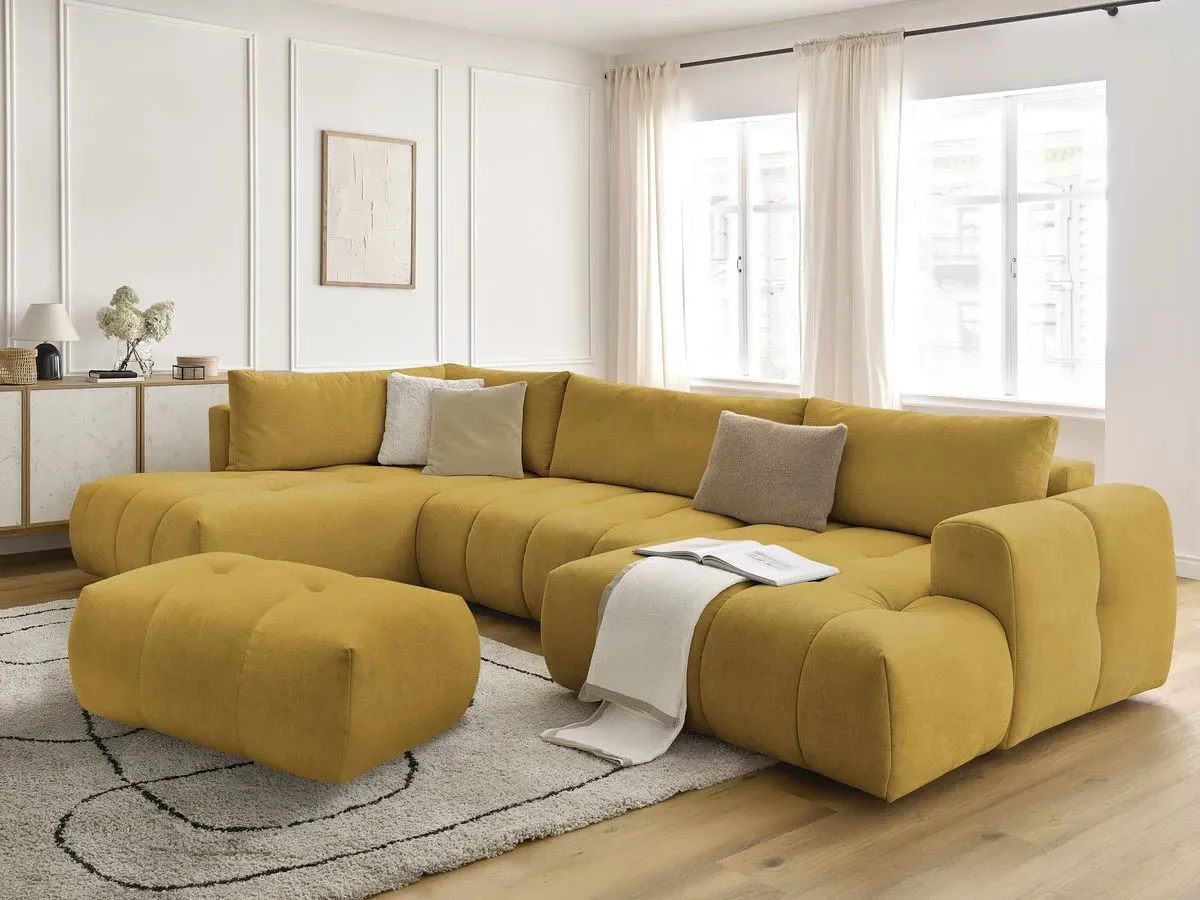 Canapé panoramique convertible FUJI tissu lisse avec pouf jaune  angle droit BOBOCHIC 5 places