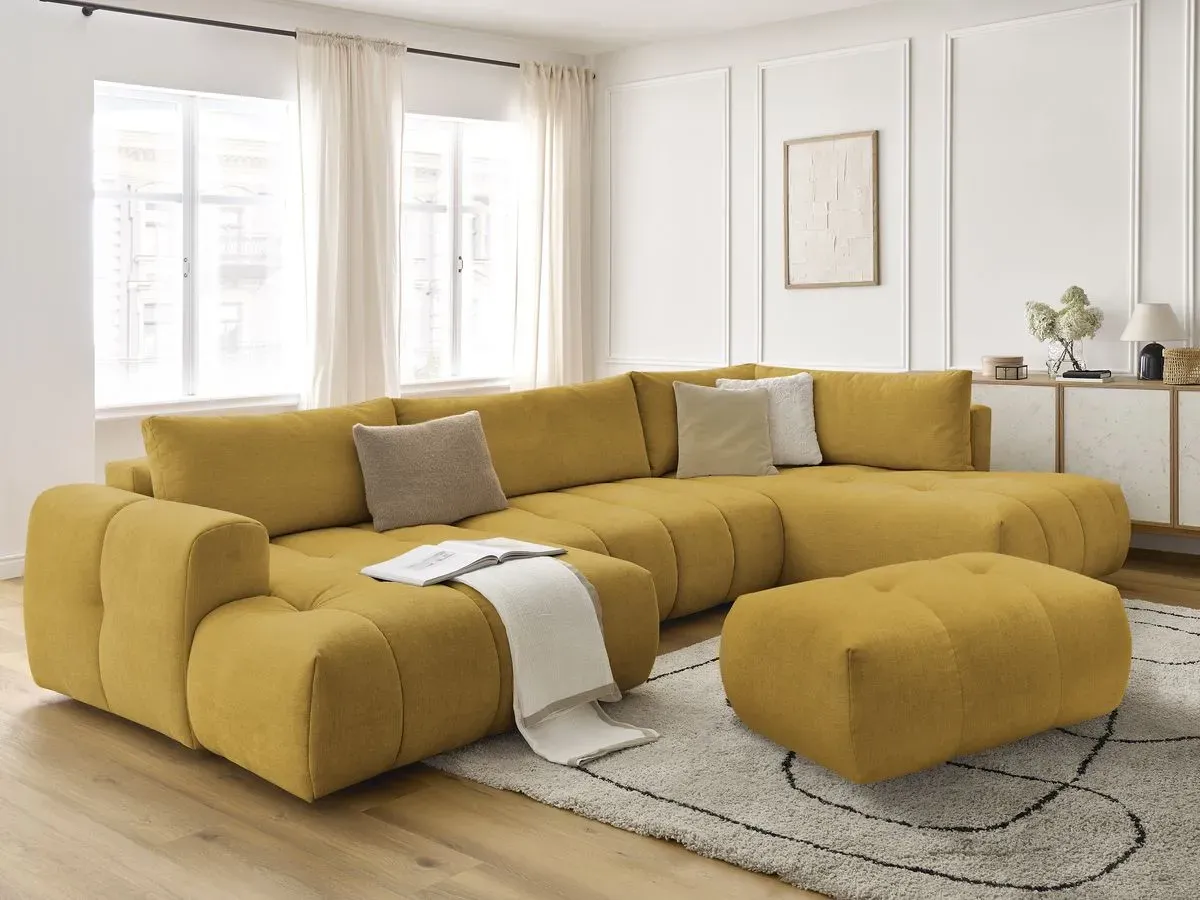 Canapé panoramique convertible FUJI tissu lisse avec pouf jaune  angle gauche BOBOCHIC 5 places