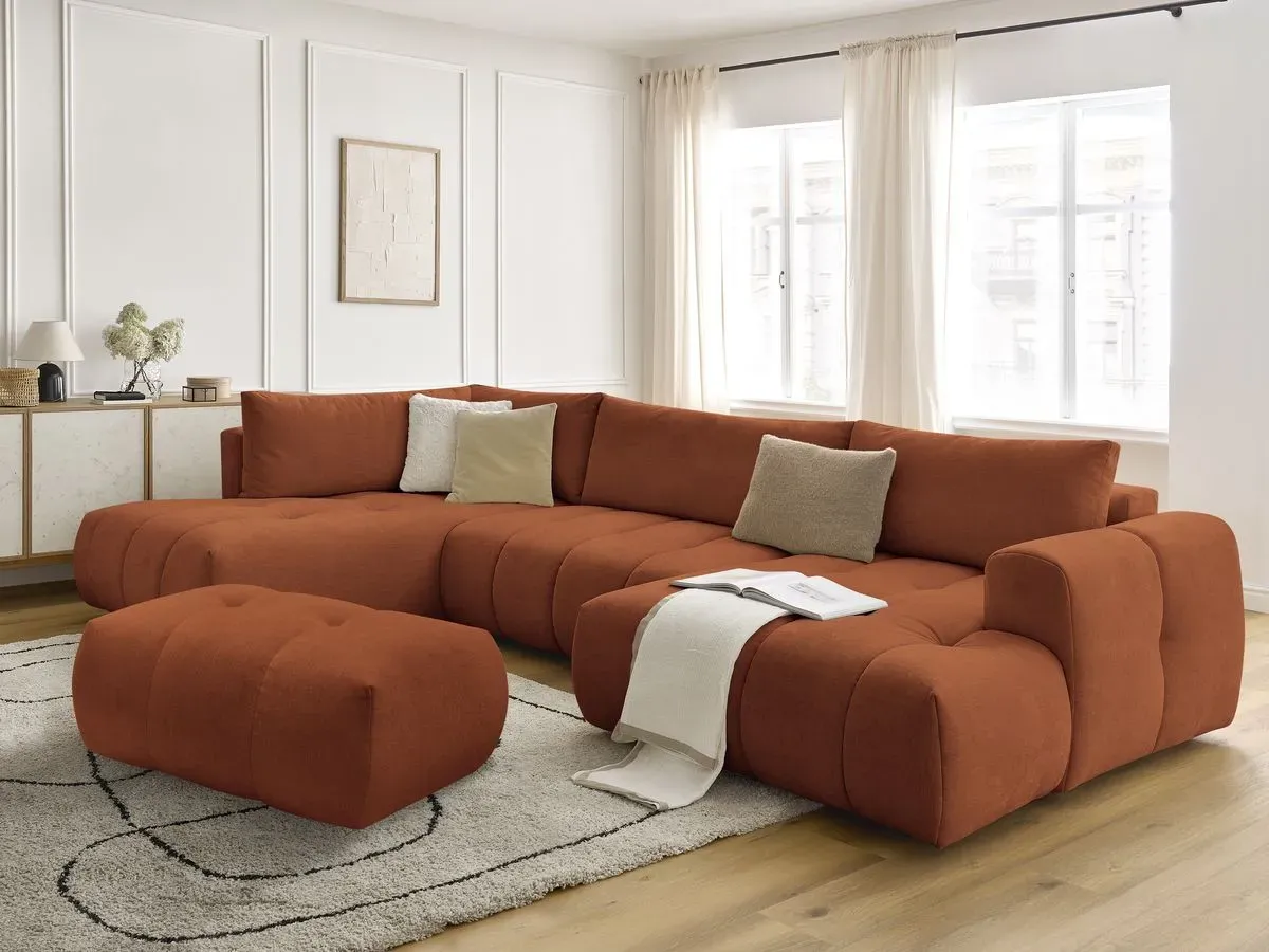 Canapé panoramique convertible FUJI tissu lisse avec pouf orange  angle droit BOBOCHIC 5 places