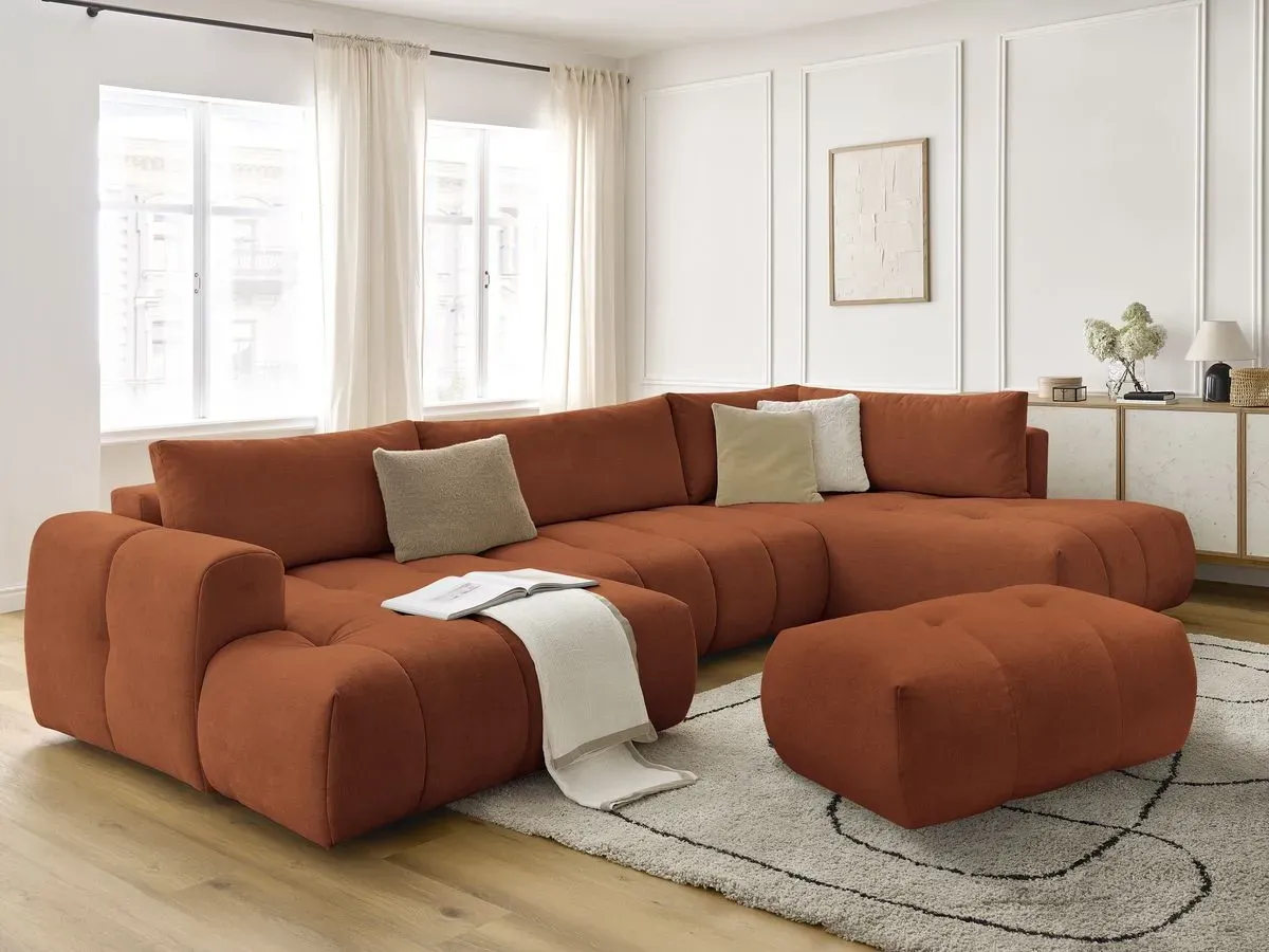 Canapé panoramique convertible FUJI tissu lisse avec pouf orange  angle gauche BOBOCHIC 5 places