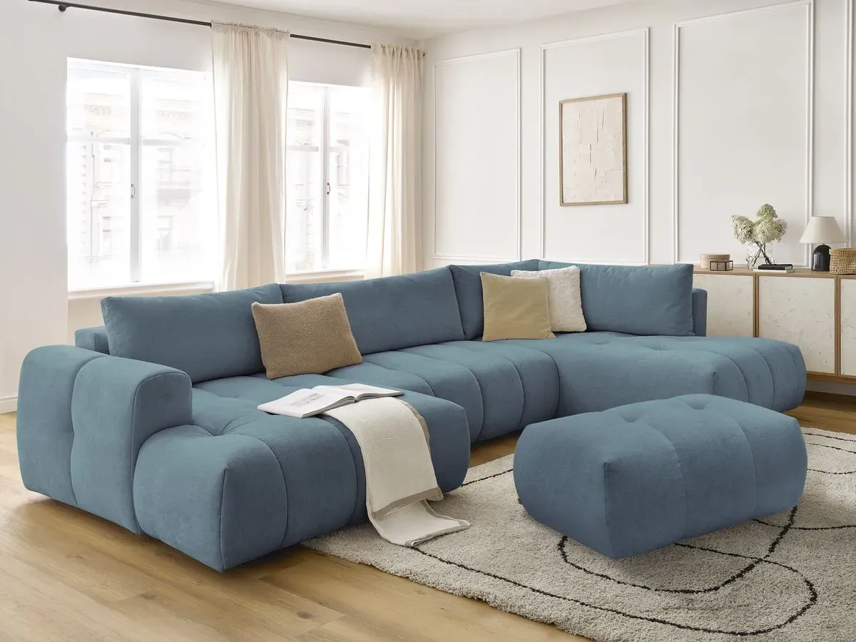 Canapé panoramique convertible FUJI tissu lisse avec pouf bleu clair  angle gauche BOBOCHIC 5 places