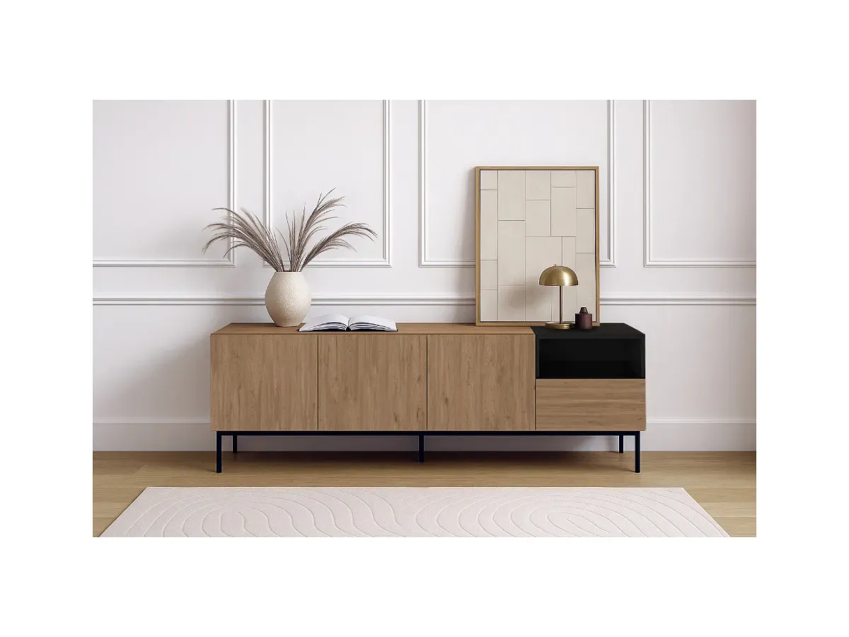 Meuble TV 3 portes 1 tiroir 180 cm CECILIA effet chêne    BOBOCHIC