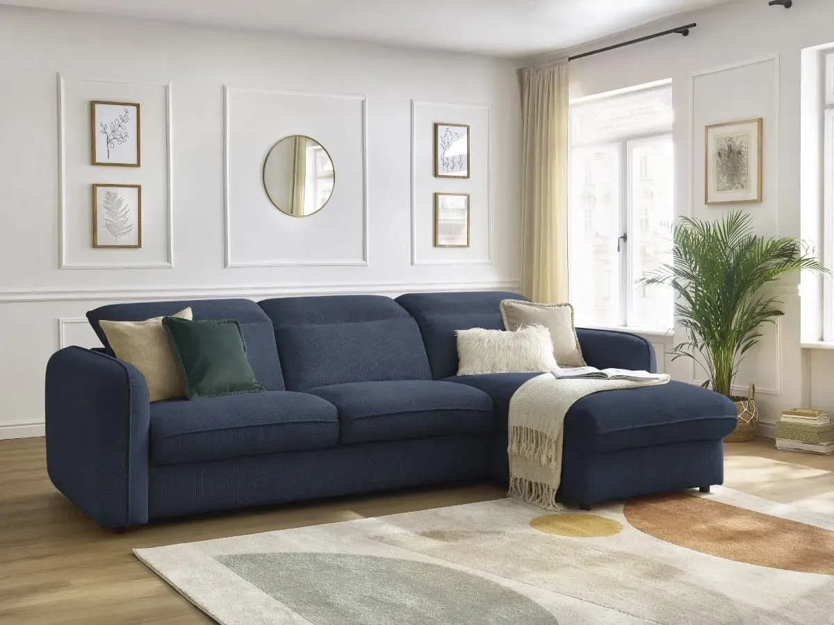 Canapé d'angle réversible convertible ouverture express coffre ACHILLE bleu foncé 140x200  BOBOCHIC 4 places