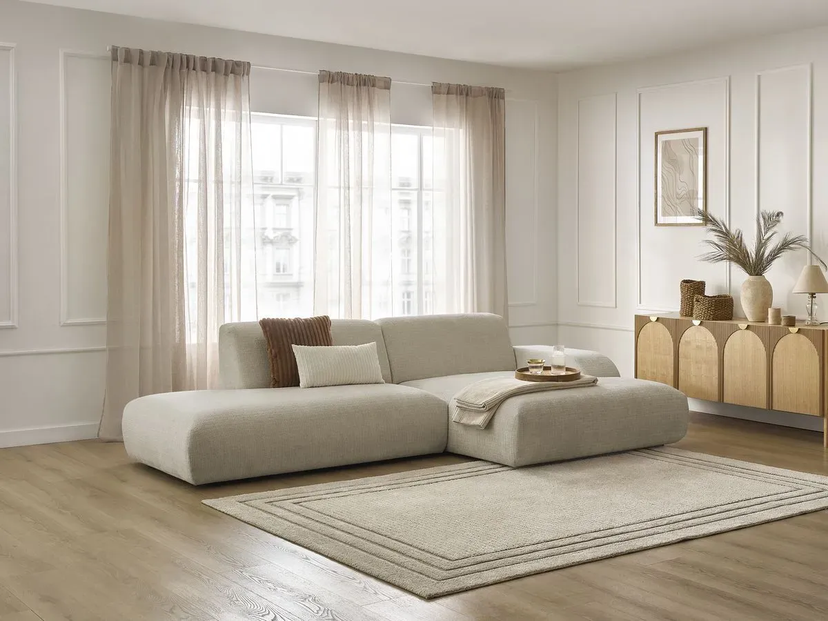 Canapé d'angle fixe SIRIUS tissu texturé beige  angle droit BOBOCHIC 3 places