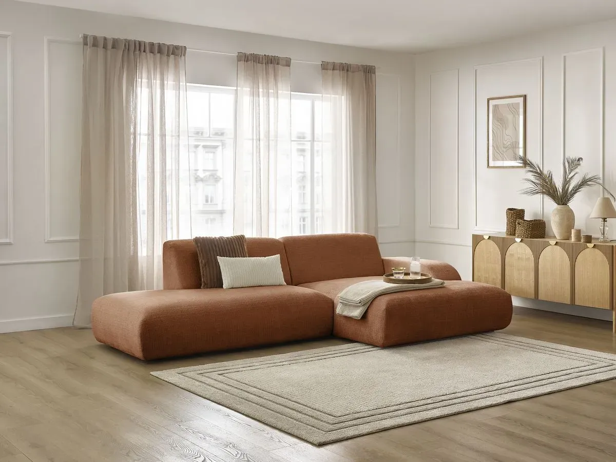 Canapé d'angle fixe SIRIUS tissu texturé orange  angle droit BOBOCHIC 3 places