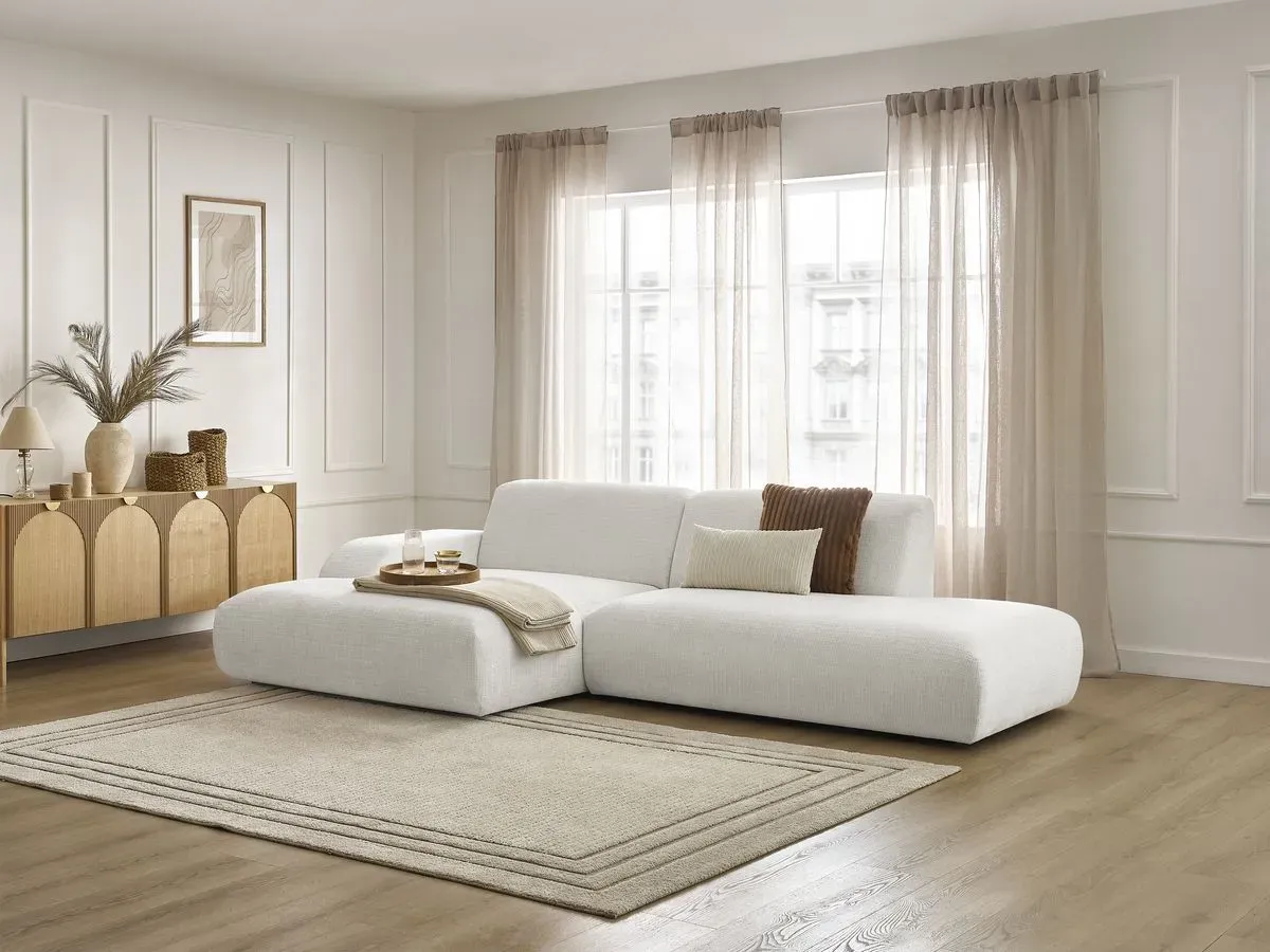 Canapé d'angle fixe SIRIUS tissu texturé blanc  angle gauche BOBOCHIC 3 places