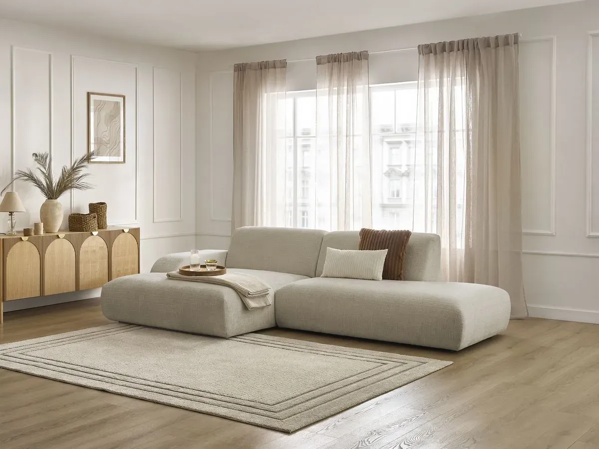 Canapé d'angle fixe SIRIUS tissu texturé beige  angle gauche BOBOCHIC 3 places