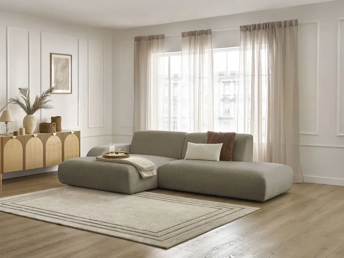 Canapé d'angle fixe SIRIUS tissu texturé taupe  angle gauche BOBOCHIC 3 places