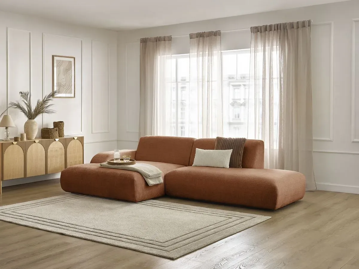 Canapé d'angle fixe SIRIUS tissu texturé orange  angle gauche BOBOCHIC 3 places