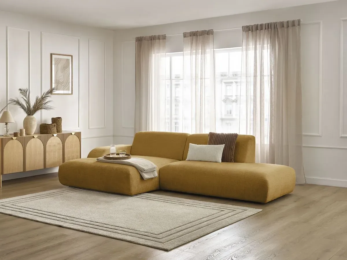 Canapé d'angle fixe SIRIUS tissu texturé jaune  angle gauche BOBOCHIC 3 places