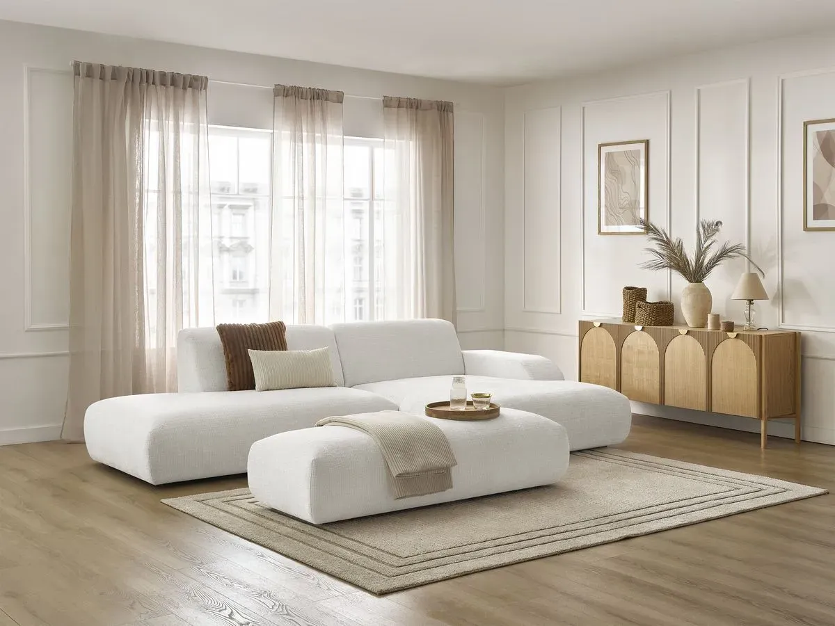 Canapé d'angle fixe SIRIUS tissu texturé avec grand pouf blanc  angle droit BOBOCHIC 4 places