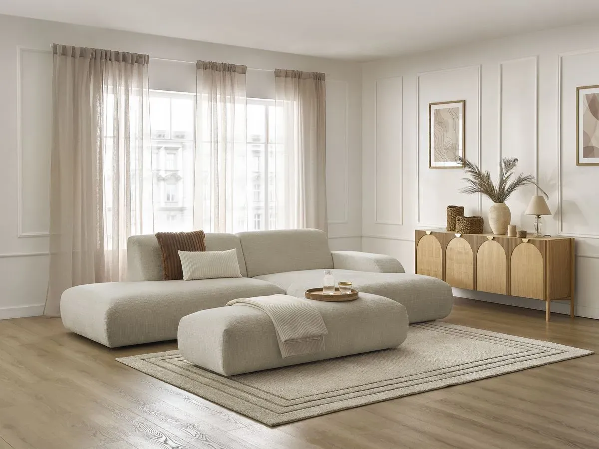 Canapé d'angle fixe SIRIUS tissu texturé avec grand pouf beige  angle droit BOBOCHIC 4 places