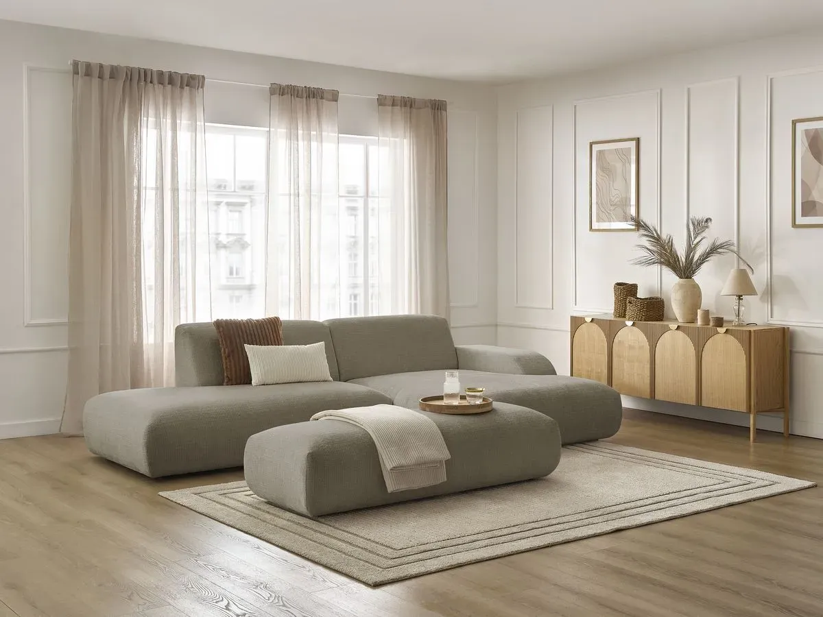 Canapé d'angle fixe SIRIUS tissu texturé avec grand pouf taupe  angle droit BOBOCHIC 4 places