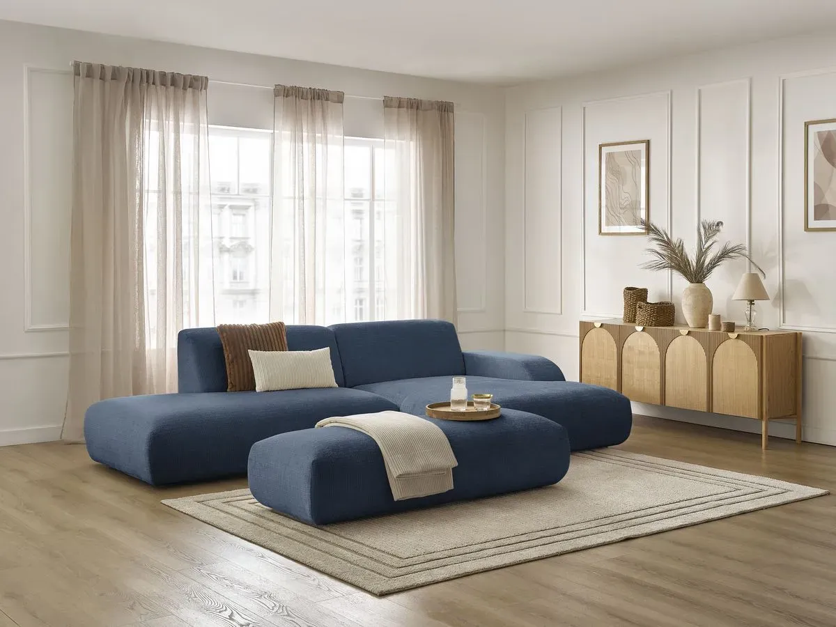 Canapé d'angle fixe SIRIUS tissu texturé avec grand pouf bleu foncé  angle droit BOBOCHIC 4 places