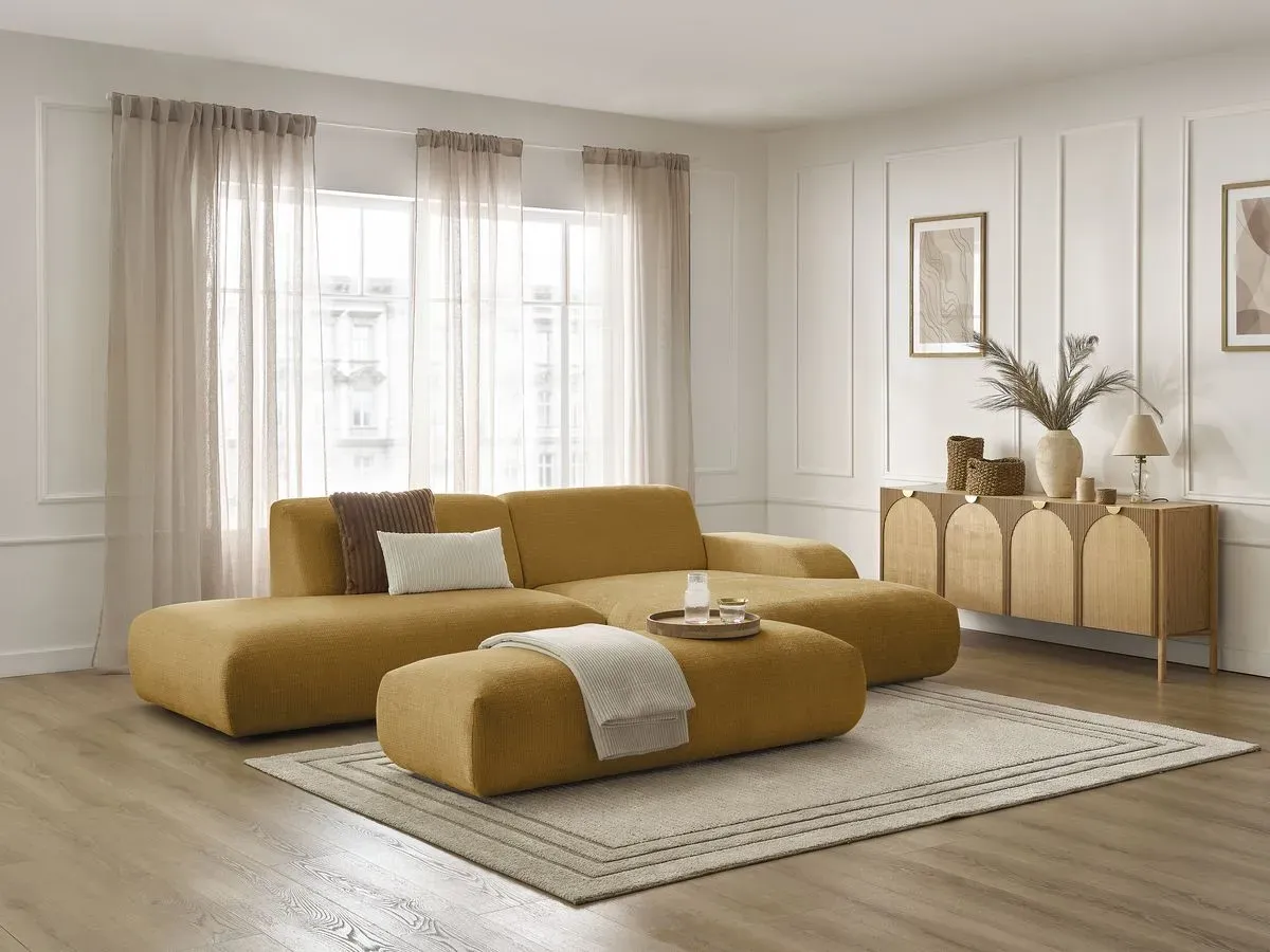 Canapé d'angle fixe SIRIUS tissu texturé avec grand pouf jaune  angle droit BOBOCHIC 4 places