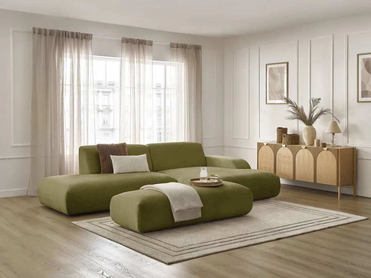 Canapé d'angle fixe SIRIUS tissu texturé avec grand pouf vert  angle droit BOBOCHIC 4 places
