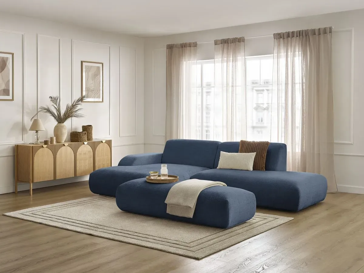 Canapé d'angle fixe SIRIUS tissu texturé avec grand pouf bleu foncé  angle gauche BOBOCHIC 4 places