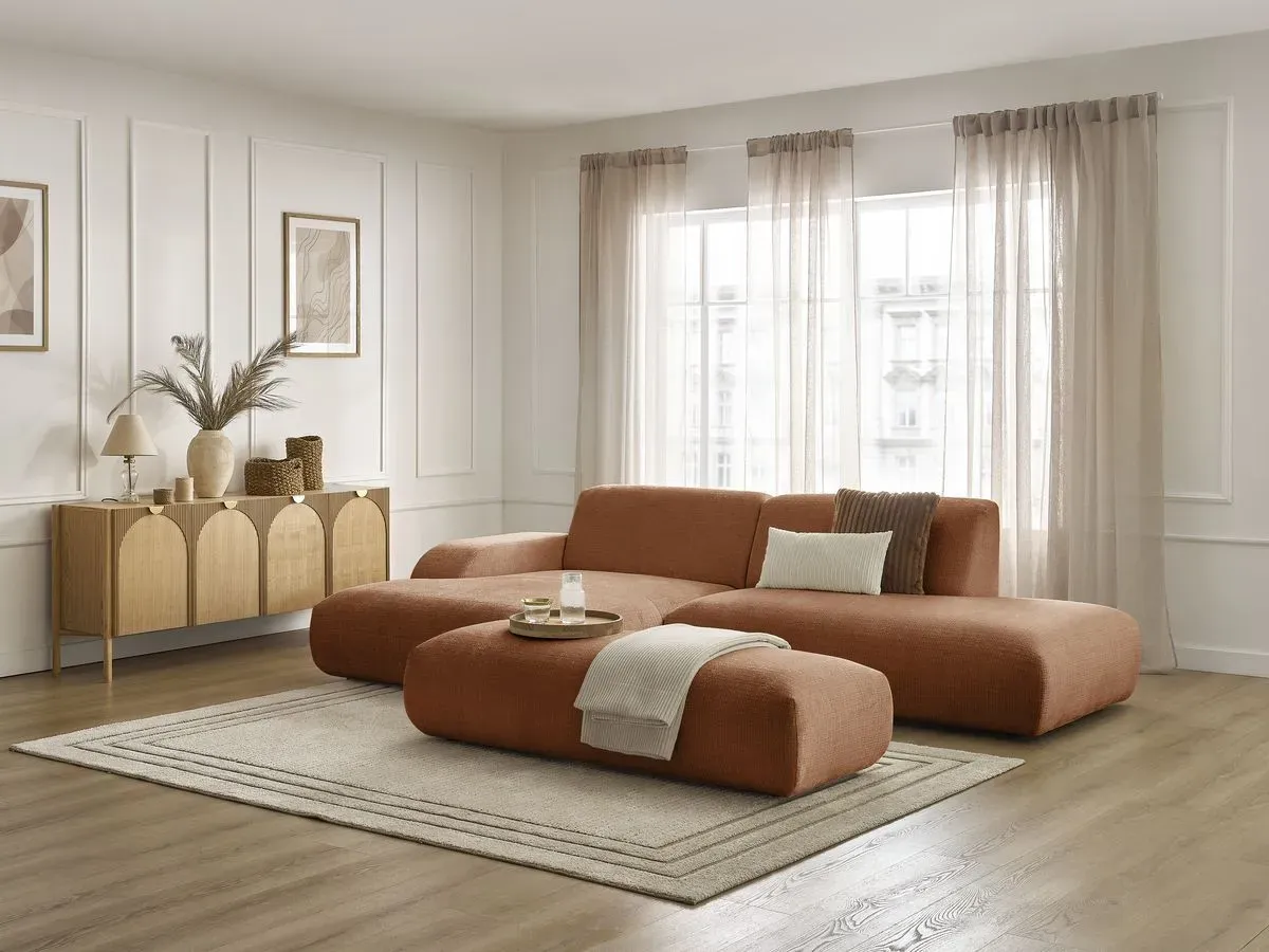 Canapé d'angle fixe SIRIUS tissu texturé avec grand pouf orange  angle gauche BOBOCHIC 4 places