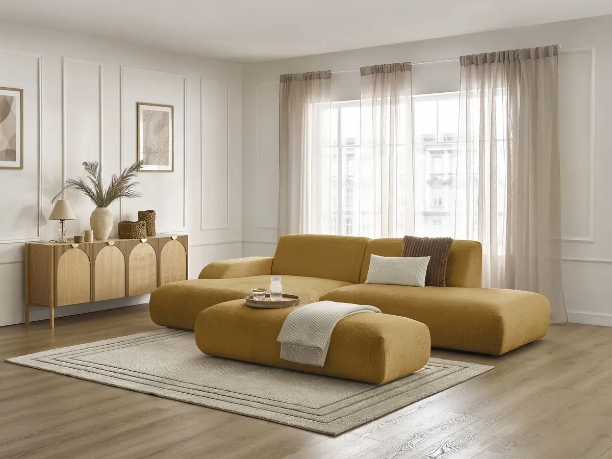 Canapé d'angle fixe SIRIUS tissu texturé avec grand pouf jaune  angle gauche BOBOCHIC 4 places