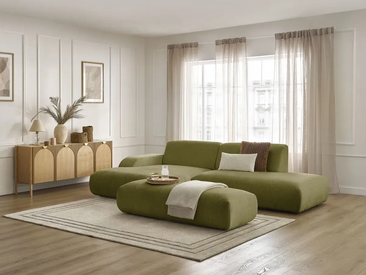 Canapé d'angle fixe SIRIUS tissu texturé avec grand pouf vert  angle gauche BOBOCHIC 4 places