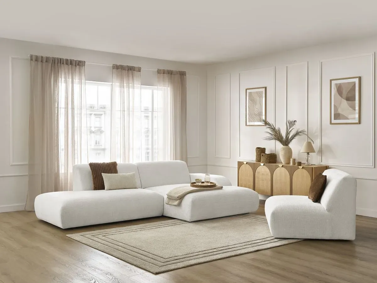 Canapé d'angle fixe modulable SIRIUS tissu texturé avec 1 chauffeuse blanc  angle droit BOBOCHIC 4 places