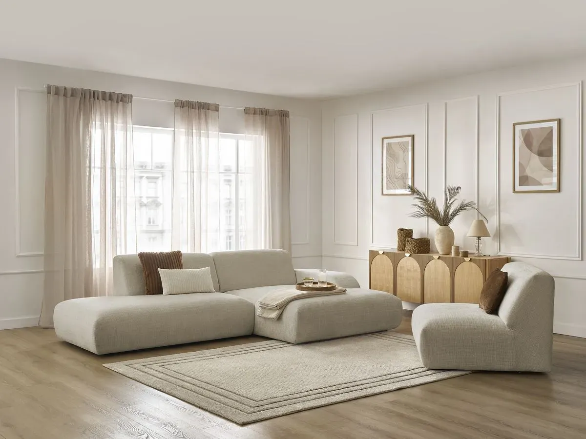 Canapé d'angle fixe modulable SIRIUS tissu texturé avec 1 chauffeuse beige  angle droit BOBOCHIC 4 places