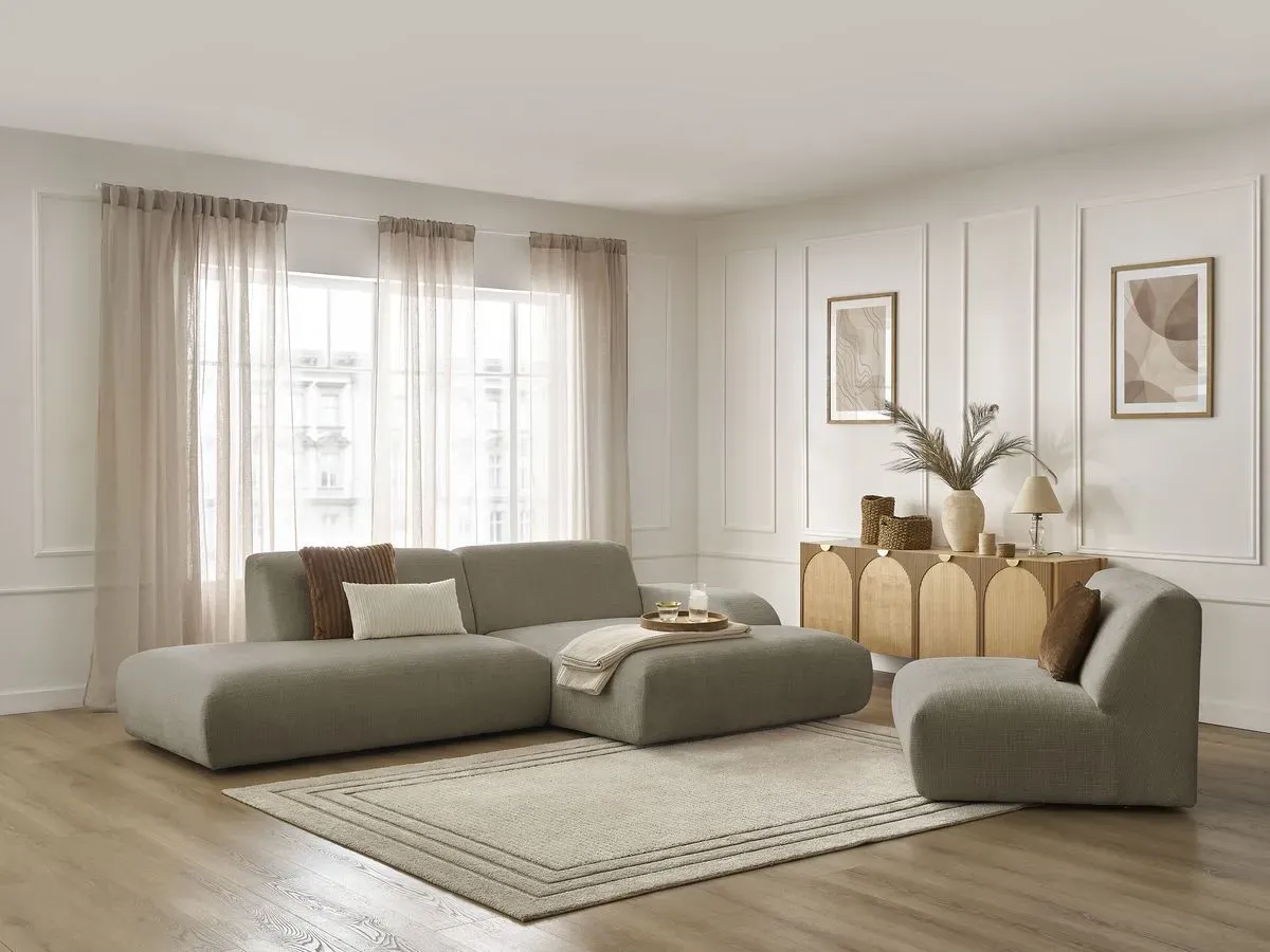 Canapé d'angle fixe modulable SIRIUS tissu texturé avec 1 chauffeuse taupe  angle droit BOBOCHIC 4 places