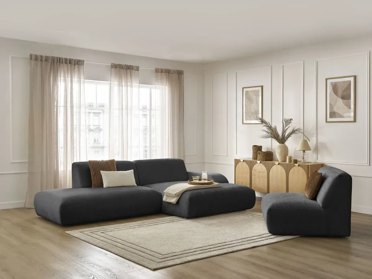 Canapé d'angle fixe modulable SIRIUS tissu texturé avec 1 chauffeuse noir  angle droit BOBOCHIC 4 places