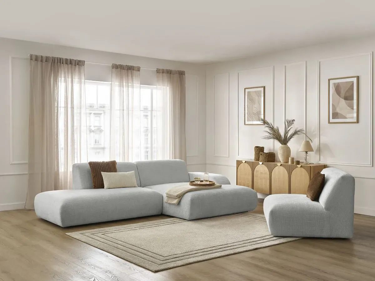 Canapé d'angle fixe modulable SIRIUS tissu texturé avec 1 chauffeuse gris clair  angle droit BOBOCHIC 4 places