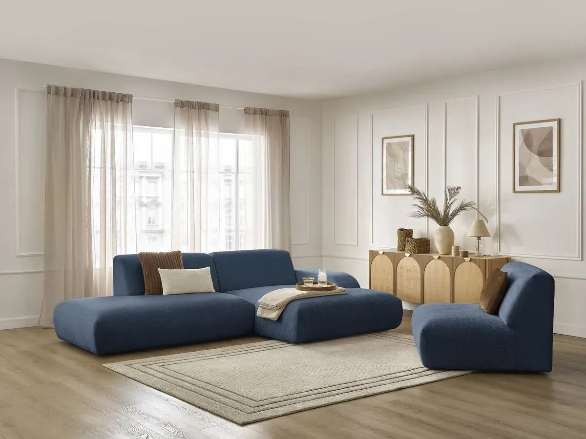 Canapé d'angle fixe modulable SIRIUS tissu texturé avec 1 chauffeuse bleu foncé  angle droit BOBOCHIC 4 places