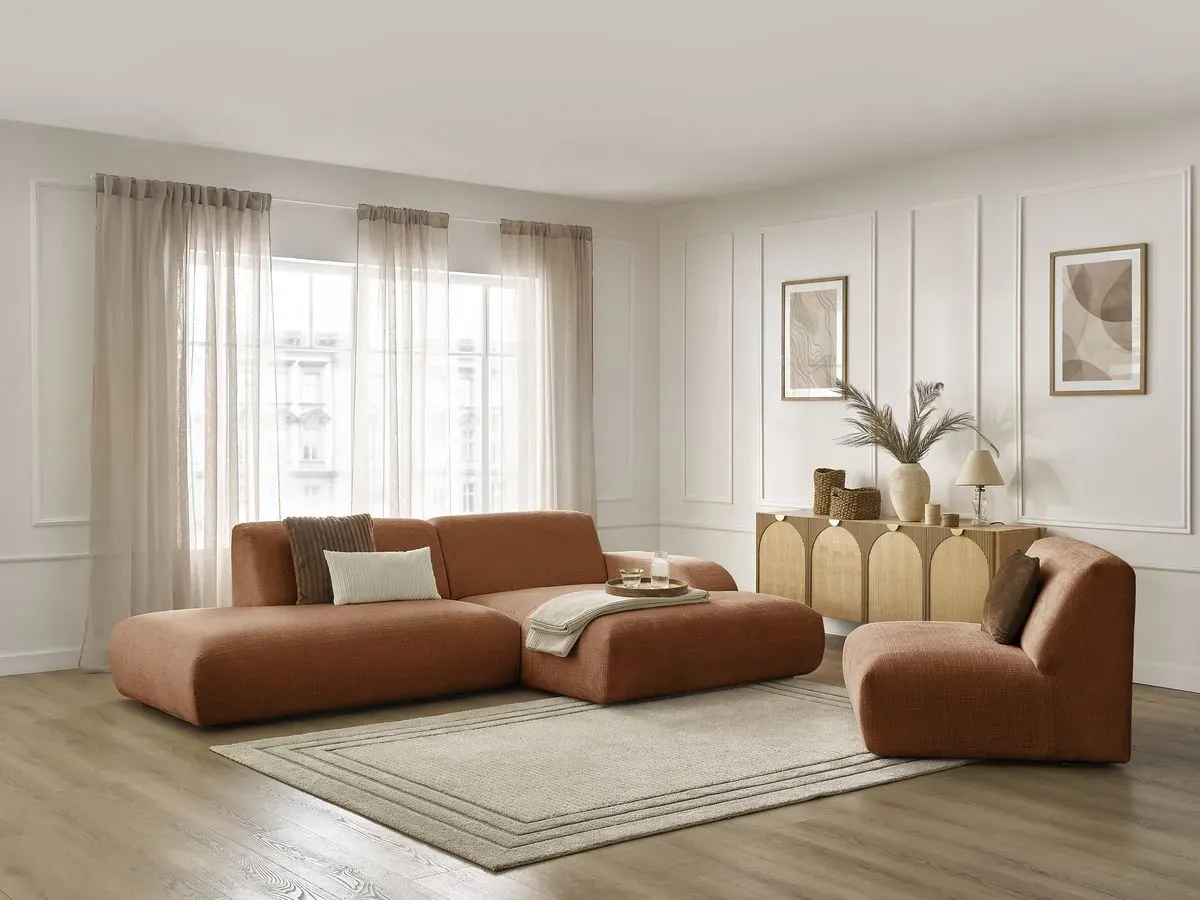 Canapé d'angle fixe modulable SIRIUS tissu texturé avec 1 chauffeuse orange  angle droit BOBOCHIC 4 places